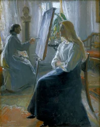 No estúdio, Anna Ancher, a Artists Wife Painting, do final do século XIX ao início do século XX.