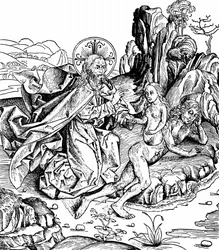Depois de ter criado o universo, a Terra e todos os seres vivos, incluindo o homem, Deus pôs Adão num sono profundo e criou Eva a partir da costela de Adão. De Hartmann Schedel Liber chronicarum mundi