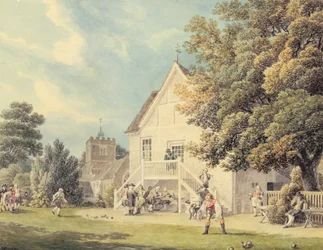 Um jogo de taças no Bowling Green fora do Bunch of Grapes Inn, Hurst, Berkshire