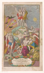 Atlas e Hércules transportam céus estrelados
Página de título para: Johann Baptista Homann, Atlas Novus Terrarum Orbis Imperia, Regna et Status exactis Tabulis Geographicè demonstrans, 1729