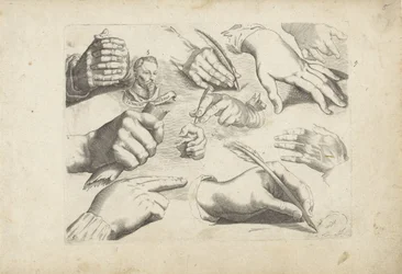 Folha de estudo com exemplos de desenho: mãos e retrato de Hendrick Goltzius