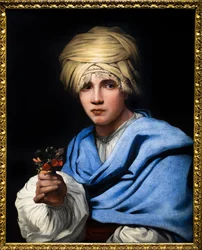 Rapaz com turbante a segurar um ramo de flores