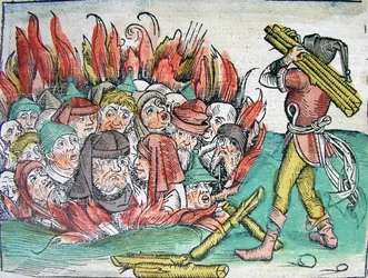 Queimadura dos judeus em Deggendorf em 1338, da Schedels Chronicle of the World, 1493.