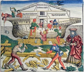 A construção da arca de Noé, da Crônica de Nuremberg por Hartmann Schedel, 1493 (xilogravura a cores)
