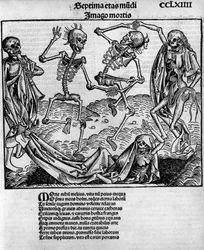 Cena de dança macabra, com esqueletos, - em "Chronicles of Nuremberg" de Hartmann Schedel (1440-1514), editado em Nuremberg por Anton Koberger, 12 de julho