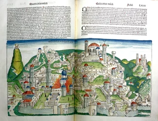 A cidade revoltada de Jerusalém destruída pelo imperador Tito, da Crônica de Nuremberg por Hartmann Schedel (1440-1514) impressa em 1493