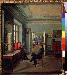 No quarto (no quarto). Dois homens conversando em um interior burguês, as mulheres estão em outra sala. Pintura de Mikhail Fyodorovich Davydov (primeira metade do século XIX). Óleo sobre tela