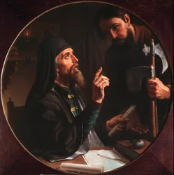 O higoumene (hegoumene) do Laurel da Santíssima Trindade (Trinite-Saint-Serge) Dionísio Zobninovsky apresenta um ato eclesiástico (Hegúmeno da Lavra Dionísio Zobninovsky apresenta um ato eclesiástico) - Pintura de Mikhail Ivanovich Skotti (18).