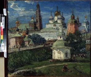 Trinity Lavra de São Sérgio (Trinite-Saint-Serge), um Sergiev Posad (Rússia) (A Trindade Lavra de Sergius em Sergiyev Posad). Pintura de Michail Vasilievich Boskin (1875-1930). Óleo sobre tela, 75 x 82 cm, cerca de 1910, arte russa. Estado ao ar livre Mu