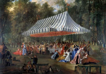 Fete dada por Louis Francois Joseph de Bourbon, Príncipe de Conti ao Príncipe Hereditário Charles Guillaume Ferdinand de Brunswick Luebourg (1735-1806), sob a tenda, na floresta de Cassan, no Banquete da Ilha de Adão em 1766 no parque. Pintura de Michel Ba