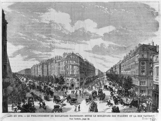 Paris em 1878, boulevard Haussmann prolongado entre o boulevard des Italiens e a rue Taitbout, gravado por Louis Dumont (n. 1822), finais do século XIX