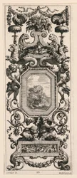 Painel Ornamental encimado por Cesto de Flores e Guirlanda, placa 10 do Livro dos Diversos Grotescos pintado no Gabinete e Termas do Reyne Regente, no Paço Real