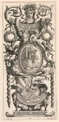 Painel Ornamental encimado com cabeça ladeada por folhagem, placa 11 do painel ornamental encimado por cabeça ladeada por folhagem, do Livre de Diverses Grotesques peintes dans le Cabinet et Bains de la Reyne Regente, au Palais Royale