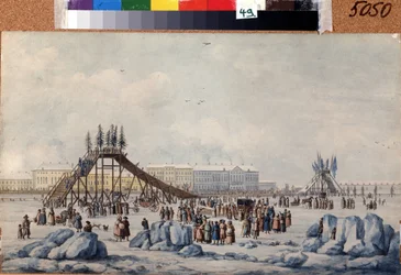 Uma rampa de montanha-russa no Neva no Carnaval. Obra de Michel François Damam Demartrait (1763-1827). Aguarela e tinta sobre papel, cerca de 1810, 33 x 54 cm, arte francesa, classicismo. Museu Memorial A. Pushkin