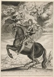 Retrato equestre de Luís XIII (Bourbon) (1601-1603) aos 33 anos de idade. A paisagem é segundo Callot
