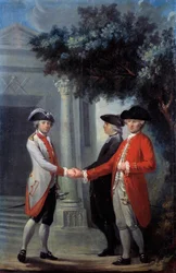 Revolução Francesa: “A União das Três Ordens””. Representação dos deputados do Clero, da Noblesse e do Terceiro Estado (Terceiro Estado). O símbolo da maçaria livre é representado à esquerda. Pintura de Michel-Nicolas (Michel Nicolas) Perseval (