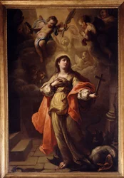 Santa Margaret. Em sua mão um crucifixo e seus pés o dragão (óleo sobre tela)