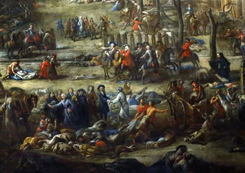 Vista do Cours Belsunce, Marselha, Durante a Peste de 1720, detalhe representando o Cardeal de Belsunce com um grupo de cadáveres de vítimas da peste