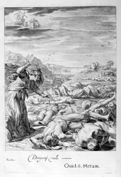 Apolo e Diana matam Niobes Children com suas flechas: ela é transformada em pedra, 1655