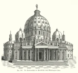 Vista do desenho de Miguel Ângelo para a fachada da Basílica de São Pedro, Roma, Itália (gravura)