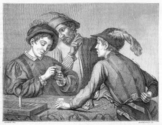Os batoteiros. Gravura do século XIX retratando a obra de Caravaggio (il Caravaggio) por volta de 1596.