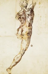 Nu masculino visto de costas, estudo para a Batalha de Cascina, de Miguel Ângelo (1475-1564), desenho.