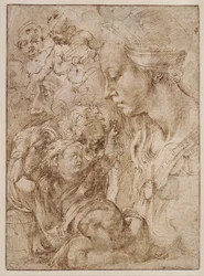 "Etude pour la sainte Famille avec saint Jean Baptiste enfant" (Estudos para uma Sagrada Família com João Baptista em criança) Dessin de Michelangelo Buonarroti (1475-1564) - 1505 - Caneta, pincel, tinta da Índia sobre papel Dim 28,7x20,9 cm Staatliche Mus