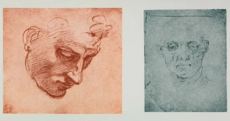 Vista frontal de um rosto e um de perfil; desenhos de Michelangelo. Casa Buonarroti, Florença