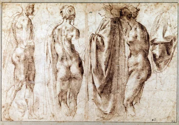 Grupo de quatro figuras de pé e um drapeado Desenho na caneta de Michelangelo Buonarroti dit Michelangelo (Michelangelo ou Michel Ange
