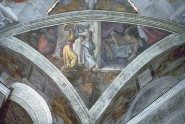 Capela Sistina Teto: Judith Carregando a Cabeça de Holofernes (spandrel) (pré restauração)