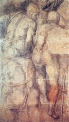 Soldados, de Michelangelo (1475-1564), desenho animado preparatório (sub-pintura) para o afresco da Crucificação de São Pedro criado na Capela Paulina no Palácio do Vaticano