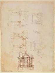 Estudos para composição arquitetônica em forma de arco triunfal, c.1516 (giz preto com caneta e tinta marrom sobre papel) (reto) (para verso ver 191776)
