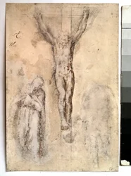 Estudo para uma crucificação Representação de Cristo na cruz com a Virgem e São João. Desenho de Michelangelo Buonarroti dit Michelangelo (Michelangelo ou Michel Ange