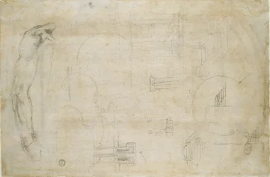 Estudo de um braço de homem e alguns esboços arquitetônicos, c1490-1560
