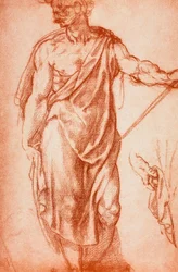 Estudo de uma figura masculina drapeada; desenho de Leonardo da Vinci. Gabinetto dei Disegni e delle Stampe, Galeria dos Uffizi, Florença