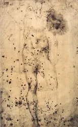 Estudo de um nu masculino com uma perna esquerda levantada; desenho de Michelangelo. Museu do Louvre, Paris