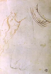 Estudo de uma figura propensa com pernas cruzadas e um desenho para uma lunette mostrando uma figura montando uma escada (caneta e tinta, giz e carvão vegetal sobre papel)