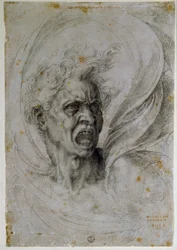 A estudar a cabeça de um homem aos gritos. Desenho de Michelangelo Buonarroti conhecido como Michel Ange ou Michelangelo ou Michelangelo (1475-1564). Florença, Museu Uffizi (Florença, Gabinetto Disegni e Stampe degli Uffizi).