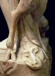 A embriaguez de Baco, detalhe de uma cabeça de panteras, escultura de Michelangelo Buonarroti 1475-1564, 1496-97 detalhe em mármore de 52672