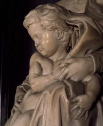 O Menino Jesus, pormenor de Madona com o Menino, de Miguel Ângelo (1475-1564), igreja de Notre-Dame em Bruges, Bélgica