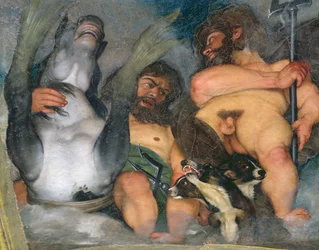 Alegoria dos elementos, do universo e dos signos do zodíaco, pormenor de Neptuno e Tritão com Cérbero, o cão de três cabeças, 1597, pormenor de 107109