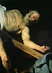 A Crucificação de São Pedro, detalhe de São Pedro, 1600-01