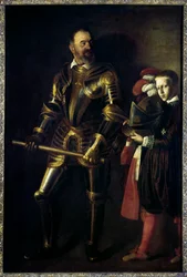 Retrato no pé de Alof de Wignacourt (1547-1622) Grande Mestre da Ordem de Malta de 1601 a 1622, e sua página Pintura de Michelangelo Merisi dit Le Caravaggio ou il Caravaggio (1571-1610) 1608 Sol. 1,94x1,34 m