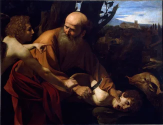 O sacrifício de Isaac. Um anjo segura a mão de Abraão antes do sacrifício do seu filho Isaac ordenado pelo Senhor. Pintura de Michelangelo Merisi, chamado Caravaggio (1571-1610), 1594-1596. Dimensões 104x135 cm. Florença, Galleria degli Uffizi