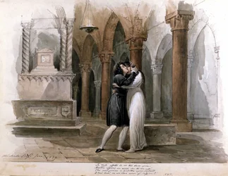 I Capuleti e i Montecchi (Les Capulet et les Montaigu) de Vincenzo Bellini, espectáculo no Teatro Fenice em Veneza. Giuditta Pasta e Giulia Grisi interpretando Romeu e Julieta. Aguarela de Michele Bisi