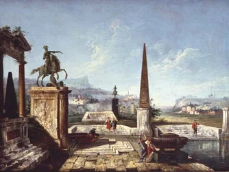 Um Capriccio de Monumentos Clássicos, um Obelisco com Soldados à beira de uma Piscina e Montanhas Além (óleo sobre tela)