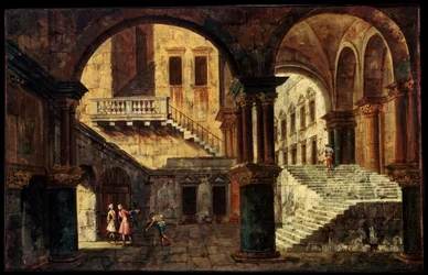 Pátio com uma escada, década de 1730