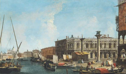 Entrada do Grande Canal de Veneza com a Piazetta e a Libreria Marciana à direita, a Dogana e Santa Maria della Salute à esquerda