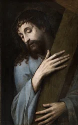 Jesus com a Cruz - Peinture de Michiel Coxcie (Coxie, Coxien, De Coxien, Coxius, Van Coxcie) (1499-1592), ca 1555 - Óleo sobre madeira, 81x50 - Museo del Prado, Madrid