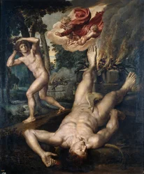 La mort de Abel - A Morte de Abel - Peinture de Michiel Coxcie (Coxie, Coxien, De Coxien, Coxius, Van Coxcie) (1499-1592), depois de 1539 - Óleo sobre madeira